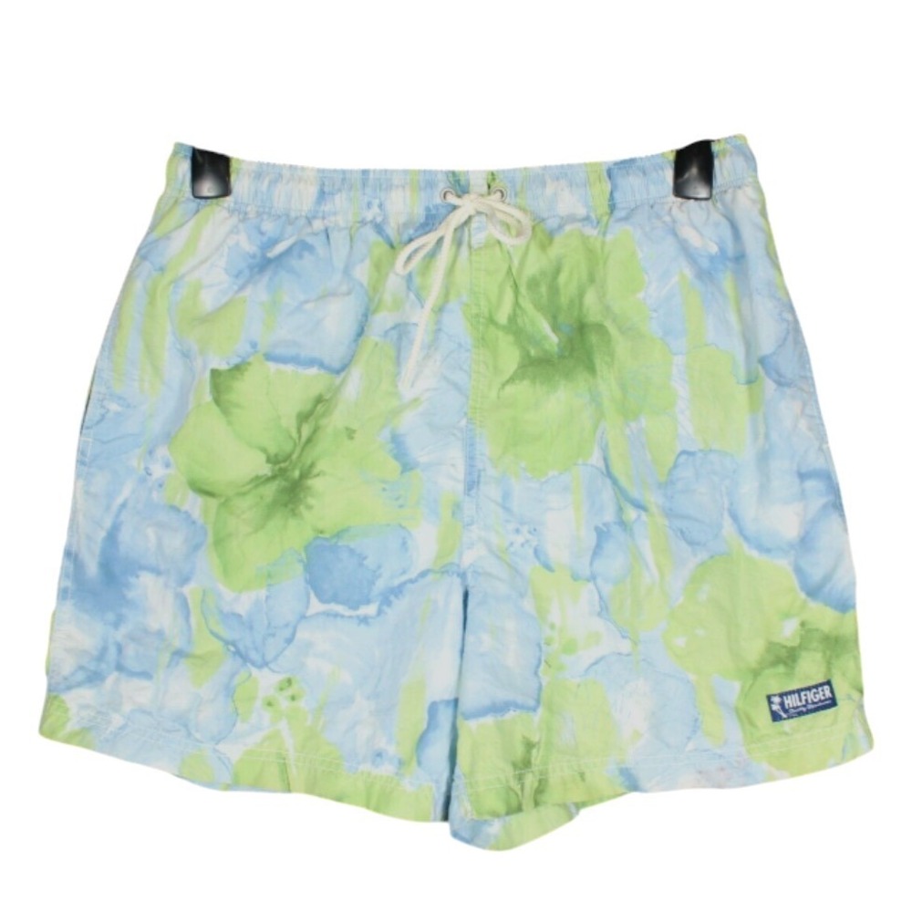 TOMMY HILFIGER Blue HAWAIIAN FLORAL ELASTIC WAIST Lined SWIM TRUNKS SHORTS Sz L